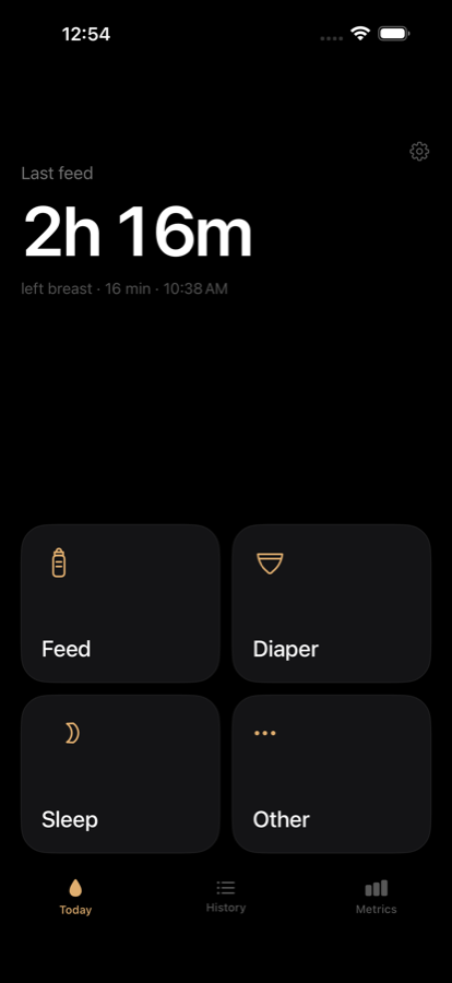 Baby Duo's Today screen: how long since the last feed, and four buttons.