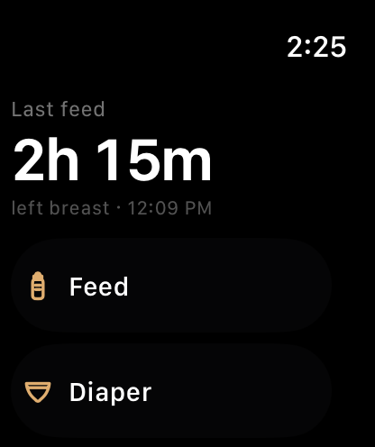 The Baby Duo app on an Apple Watch, showing the time since the last feed and the logging buttons.