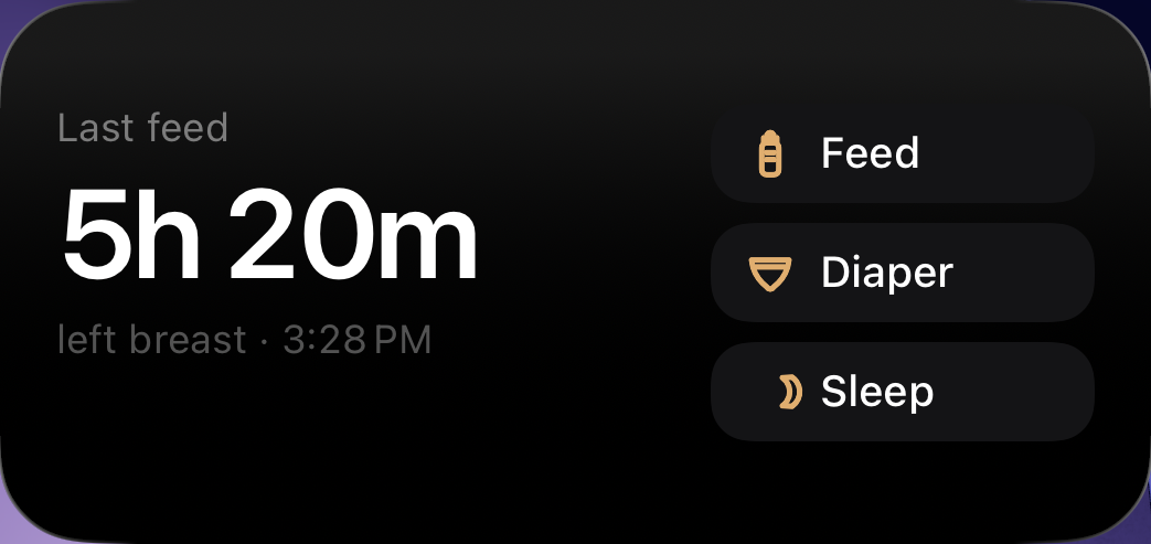 Baby Duo's medium widget on the Home Screen: 'Last feed' with the elapsed time, the previous feed below it, and Feed, Diaper and Sleep buttons on the right.