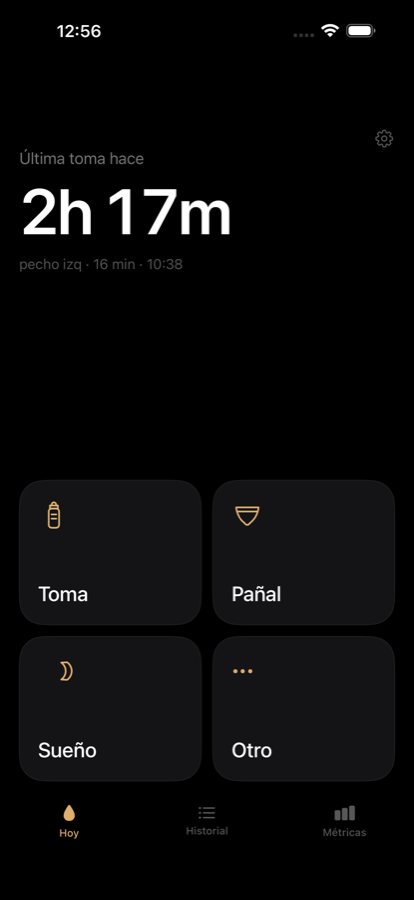 La pantalla Hoy de Baby Duo: cuánto hace de la última toma y cuatro botones.