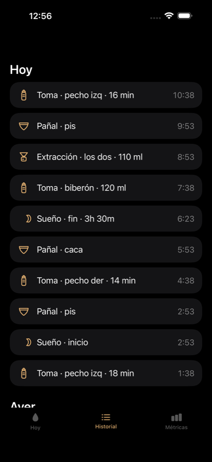 Historial agrupado por día en Baby Duo.