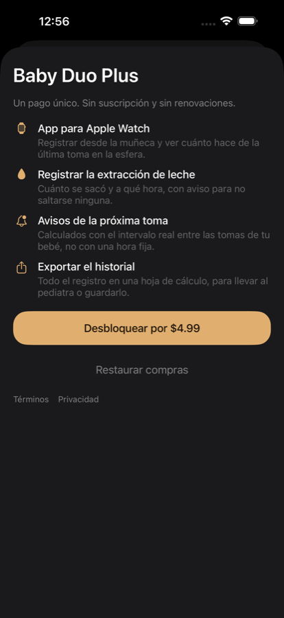 La pantalla de desbloqueo de Baby Duo Plus.