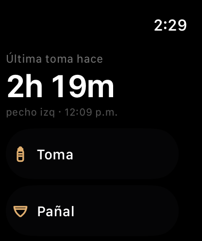 La app de Baby Duo en un Apple Watch, con el tiempo desde la última toma y los botones para registrar.