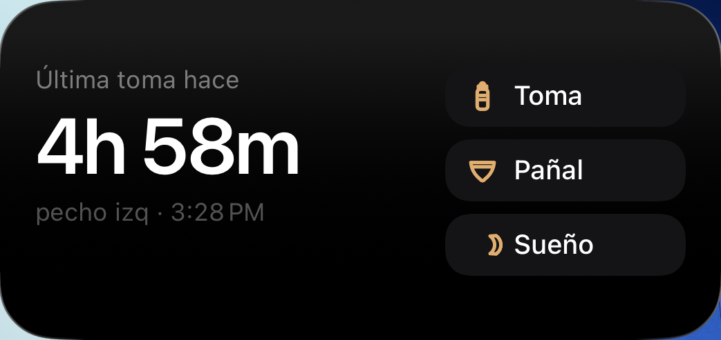 El widget mediano de Baby Duo en la pantalla de inicio: «Última toma hace 4h 58m», debajo «pecho izq · 3:28 PM», y a la derecha los botones Toma, Pañal y Sueño.